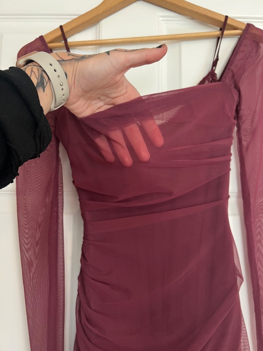 House of CB Burgundy Long Sleeve Mesh Gown - Picture 5 of 12
